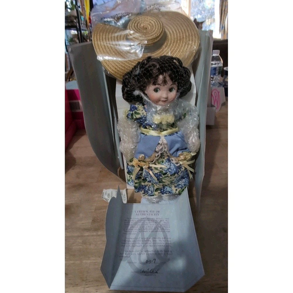 Marie Osmond 10" Southern Girl Porcelain Doll New on Stand Brunette Blue Dress